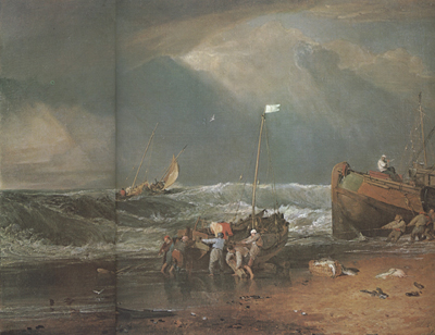 A coast scene with fisherman hauling a boat ashore (mk31)